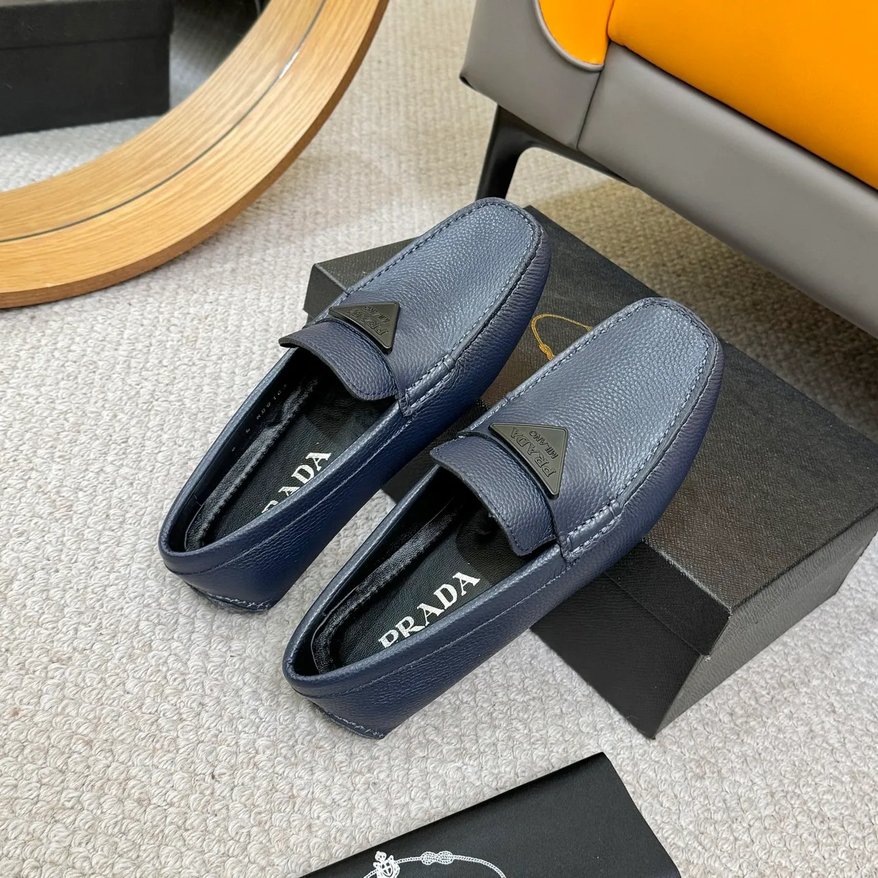 Prada Navy Pebbled Leather Triangle Plaque Loafer 8