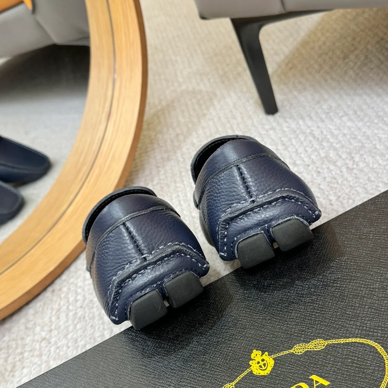Prada Navy Pebbled Leather Triangle Plaque Loafer 9