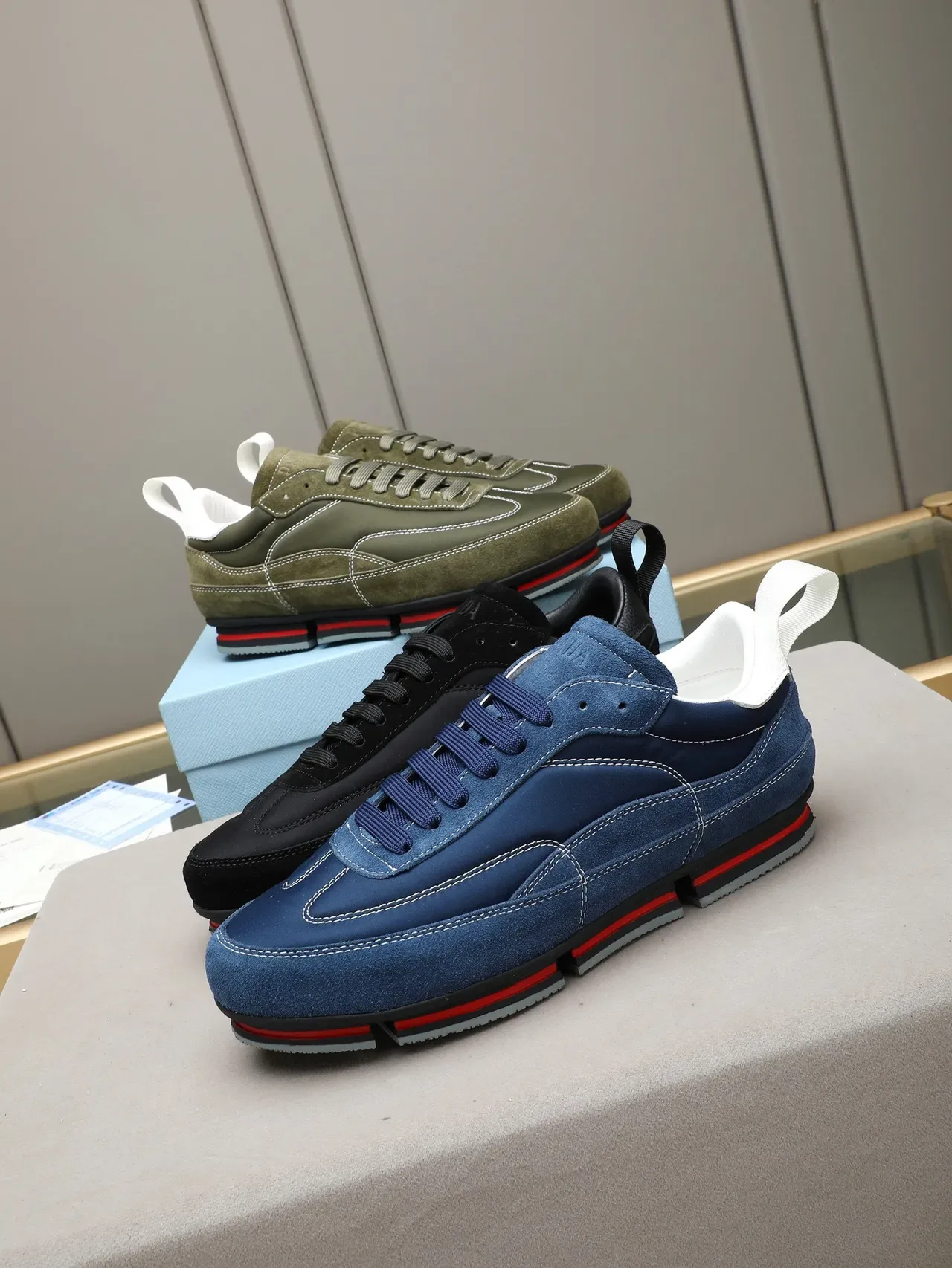 Prada Navy Red Suede Upper White Contrast Stitching Lifestyle Sneakers 2