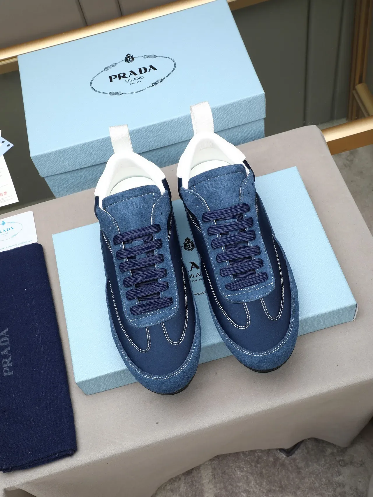 Prada Navy Red Suede Upper White Contrast Stitching Lifestyle Sneakers 3