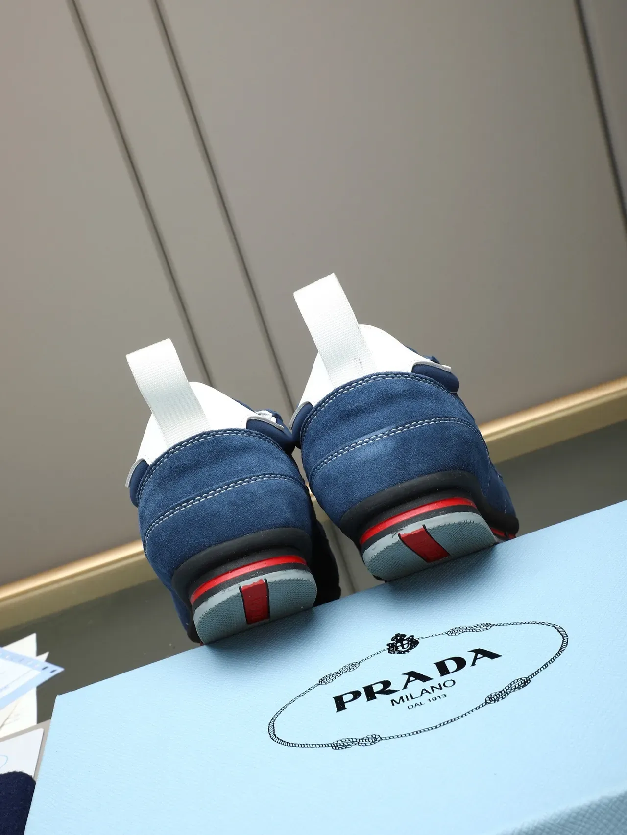 Prada Navy Red Suede Upper White Contrast Stitching Lifestyle Sneakers 4