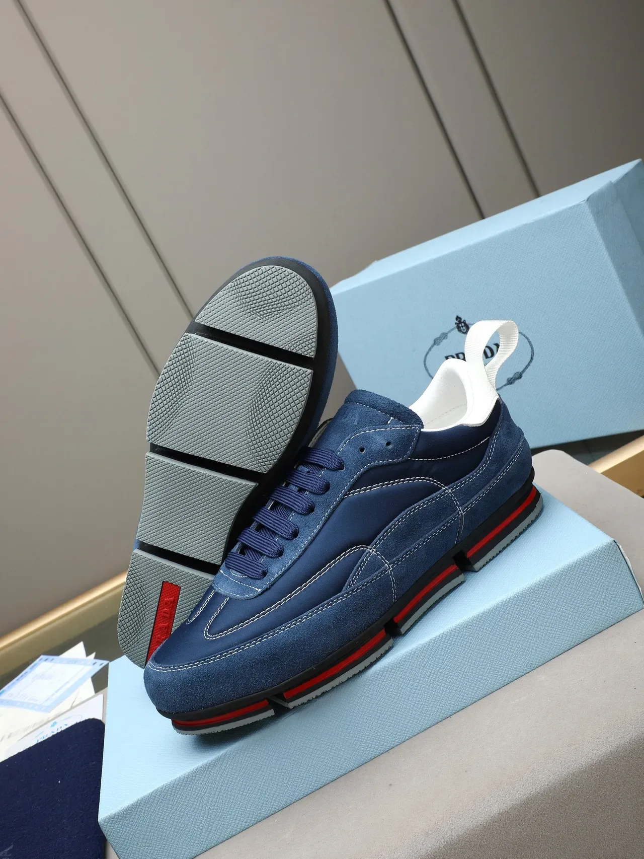 Prada Navy Red Suede Upper White Contrast Stitching Lifestyle Sneakers 5