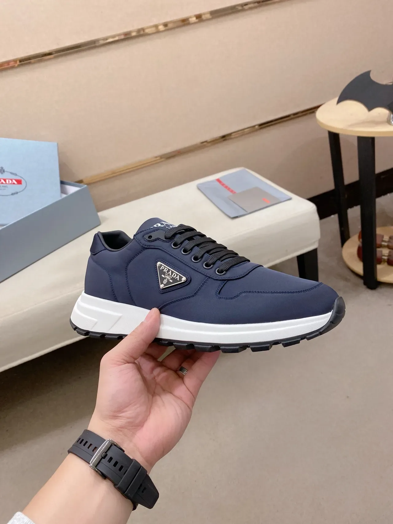 Prada Navy White Nylon Upper Contrast Midsole Lifestyle Sneakers 4
