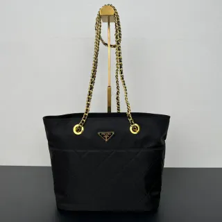 Prada Re-Nylon Quilted Tote Black Gold Chain Handle Tote Bag