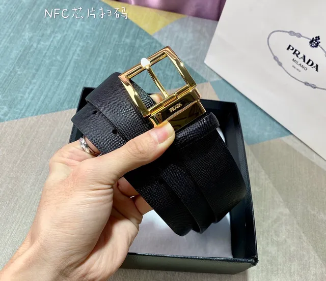 Prada Reversible Black Gold Saffiano Leather Belt 4