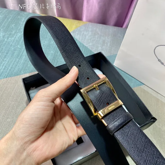 Prada Reversible Black Gold Saffiano Leather Belt 8