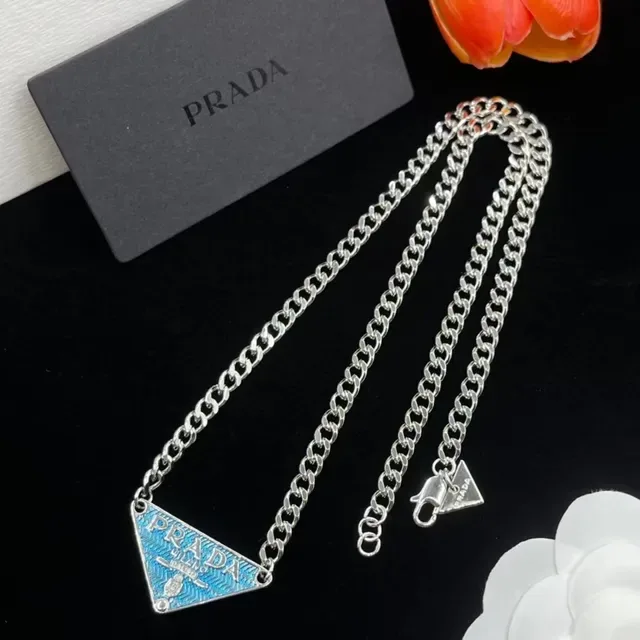 Prada Silver Blue Curb Chain Triangular Enamel Pendant Necklace 4