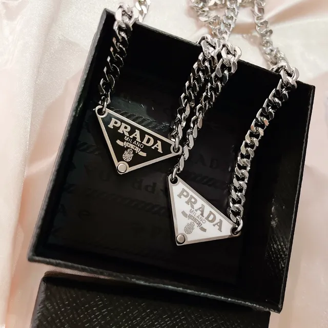 Prada Silver White Triangular Enamel Pendant Curb Chain Necklace 2