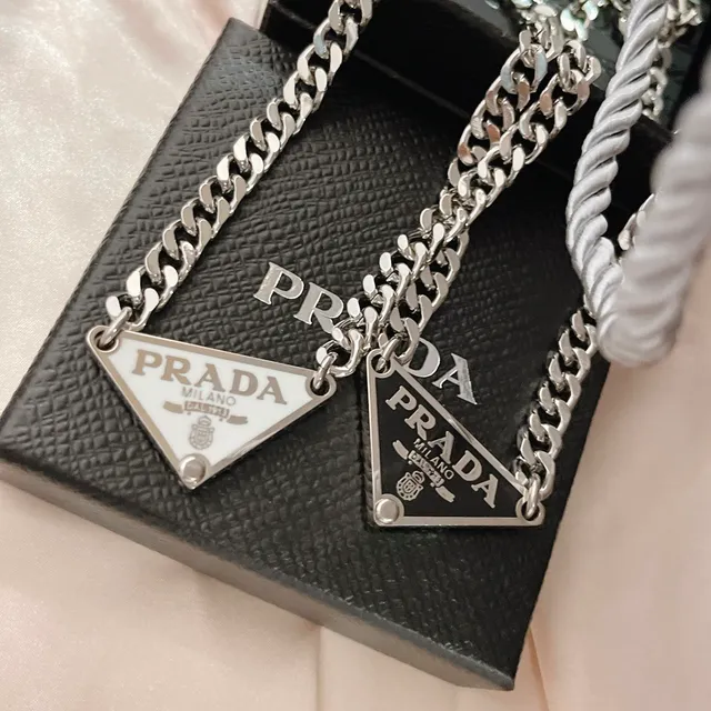 Prada Silver White Triangular Enamel Pendant Curb Chain Necklace 9