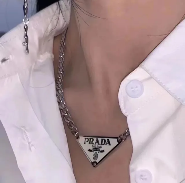 Prada Silver White Triangular Enamel Pendant Curb Chain Necklace 5