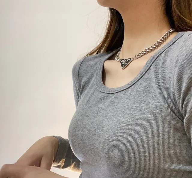 Prada Silver White Triangular Enamel Pendant Curb Chain Necklace 6
