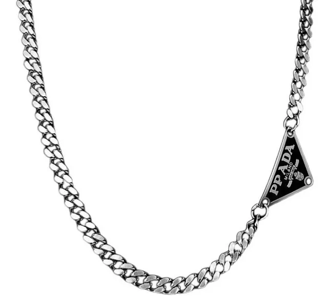 Prada Silver White Triangular Enamel Pendant Curb Chain Necklace 8