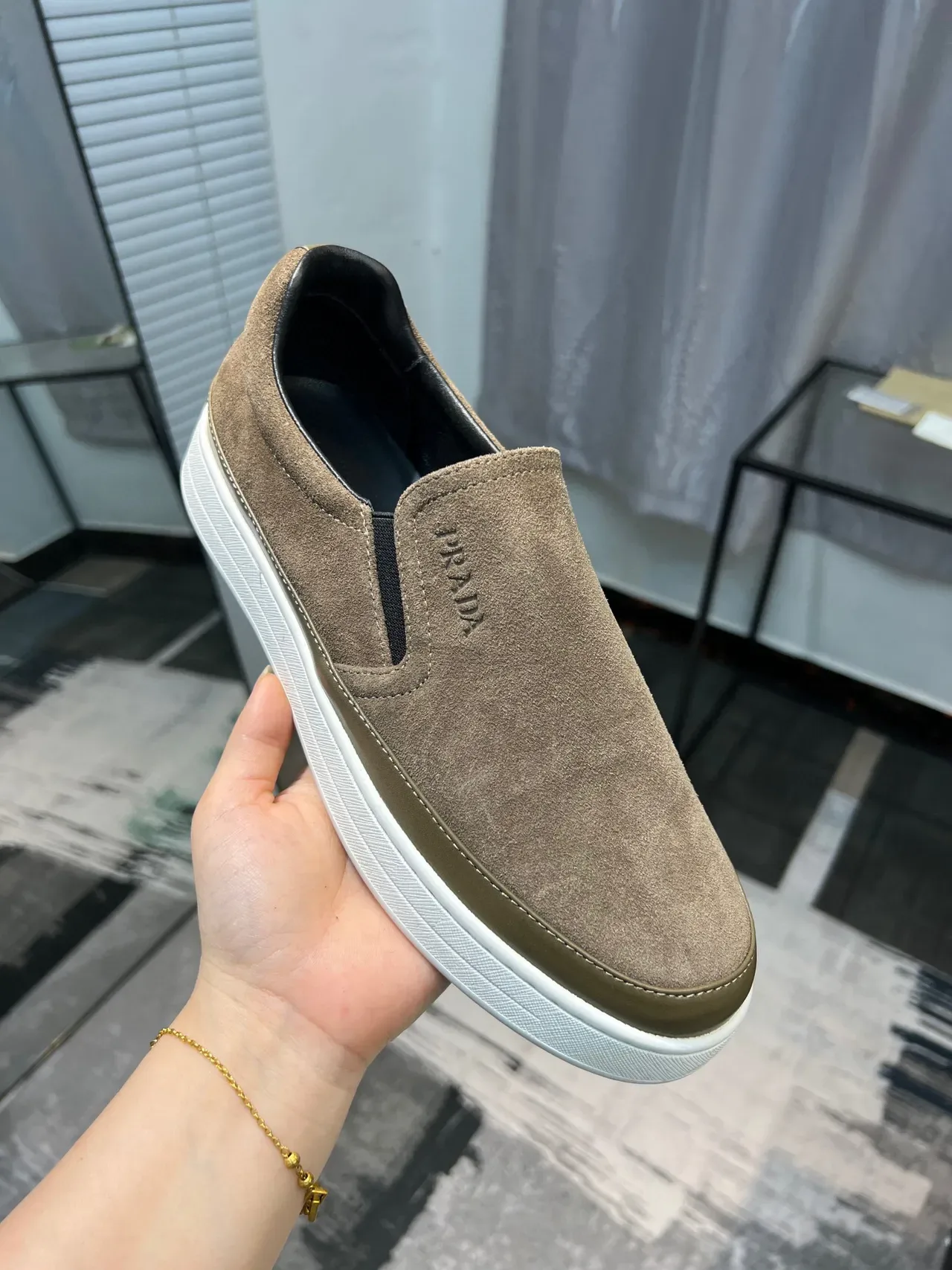 Prada Slip-On Suede Olive Brown Casual Shoe 6