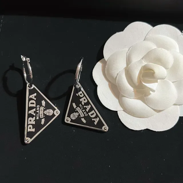Prada Triangle Black Silver Triangular Enamel Plaque Hoop Closure Earrings 2