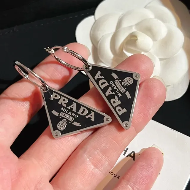 Prada Triangle Black Silver Triangular Enamel Plaque Hoop Closure Earrings 6