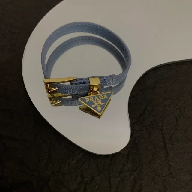 Prada Triangle Charm Blue Gold Thin Leather Strap Buckle Bracelet 2