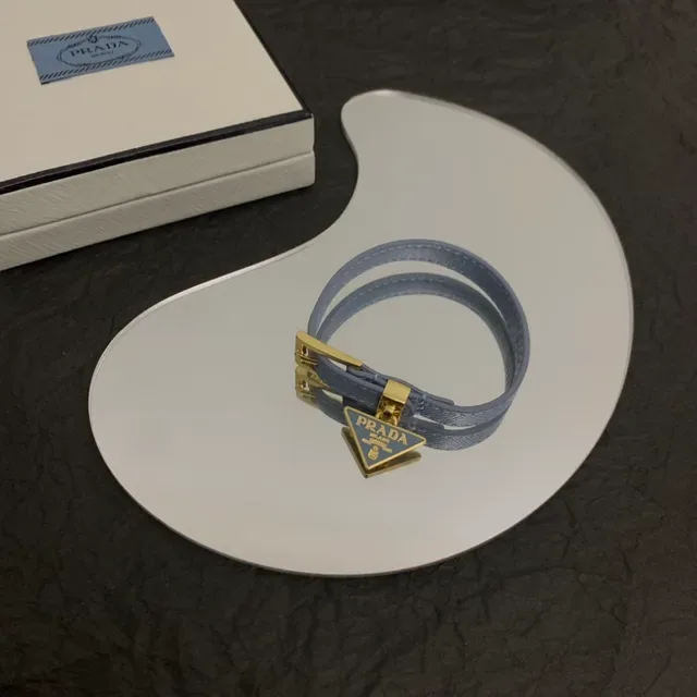Prada Triangle Charm Blue Gold Thin Leather Strap Buckle Bracelet 3