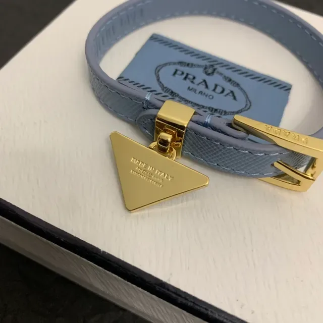 Prada Triangle Charm Blue Gold Thin Leather Strap Buckle Bracelet 4
