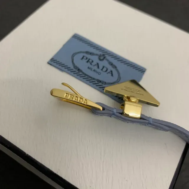 Prada Triangle Charm Blue Gold Thin Leather Strap Buckle Bracelet 5