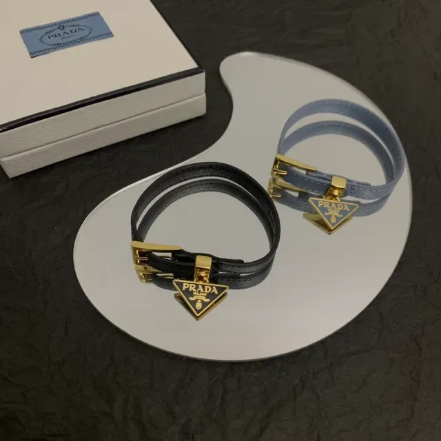 Prada Triangle Charm Blue Gold Thin Leather Strap Buckle Bracelet 6