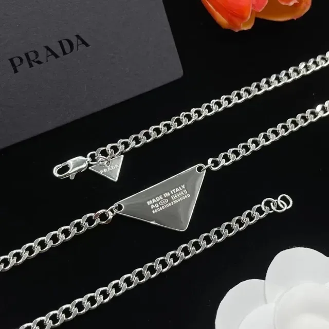 Prada Triangle Pendant Silver Curb-Link Necklace 2