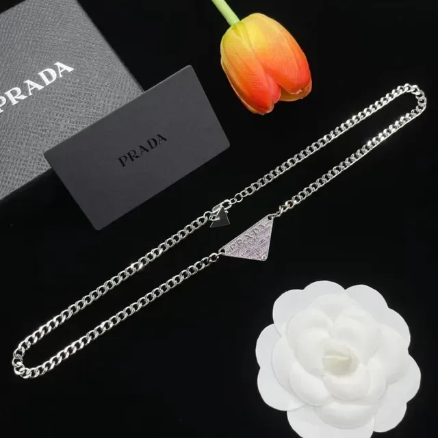 Prada Triangle Pendant Silver Curb-Link Necklace 3