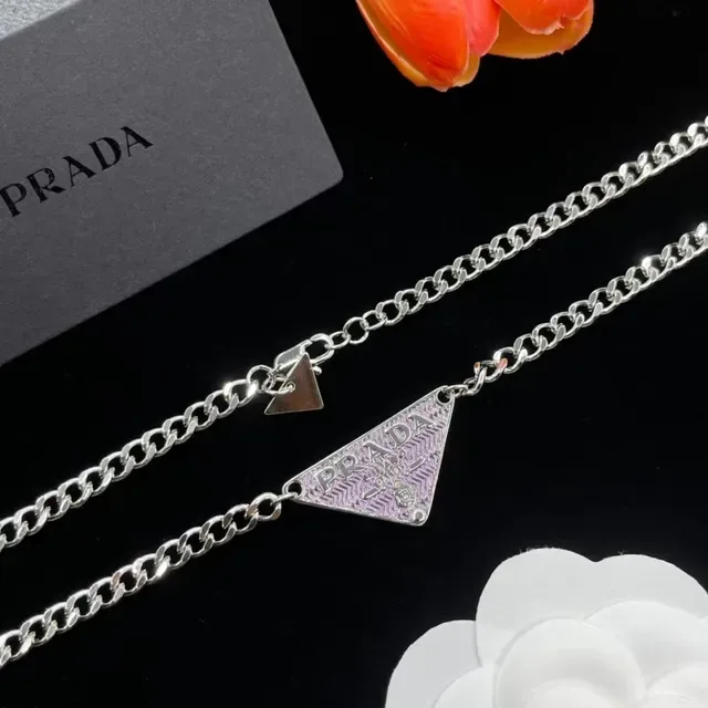 Prada Triangle Pendant Silver Curb-Link Necklace 4