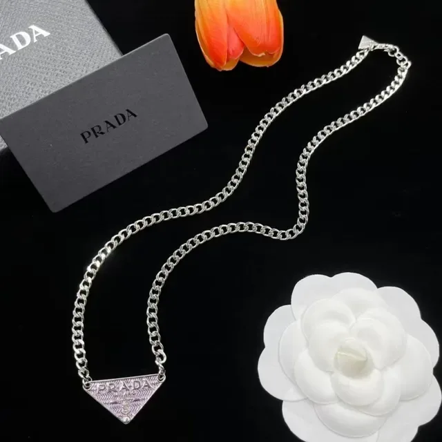 Prada Triangle Pendant Silver Curb-Link Necklace 5