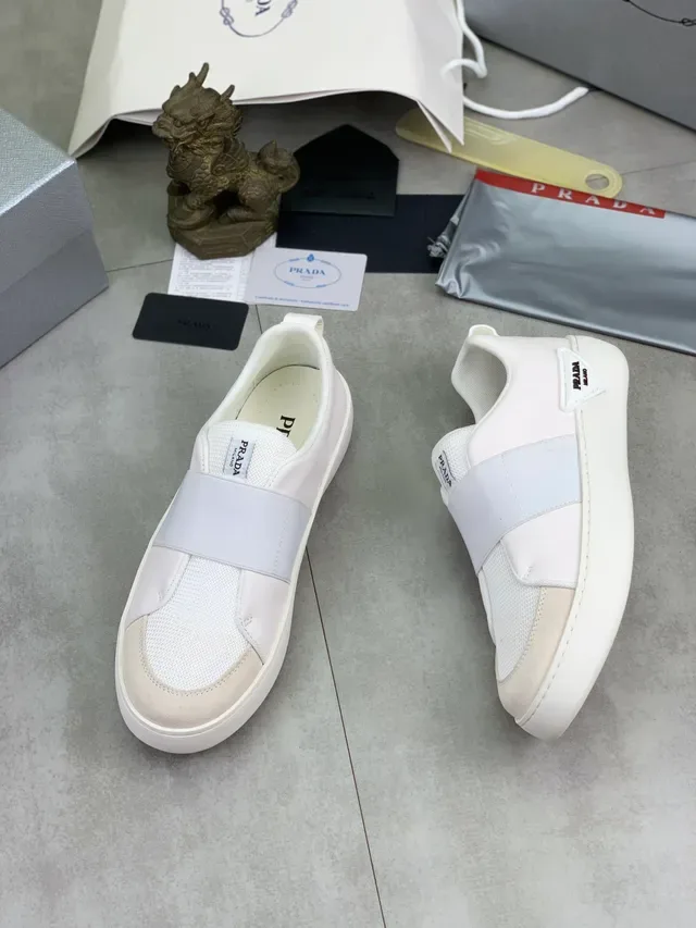 Prada White Beige Slip-On Elastic Strap Lifestyle Sneakers 5
