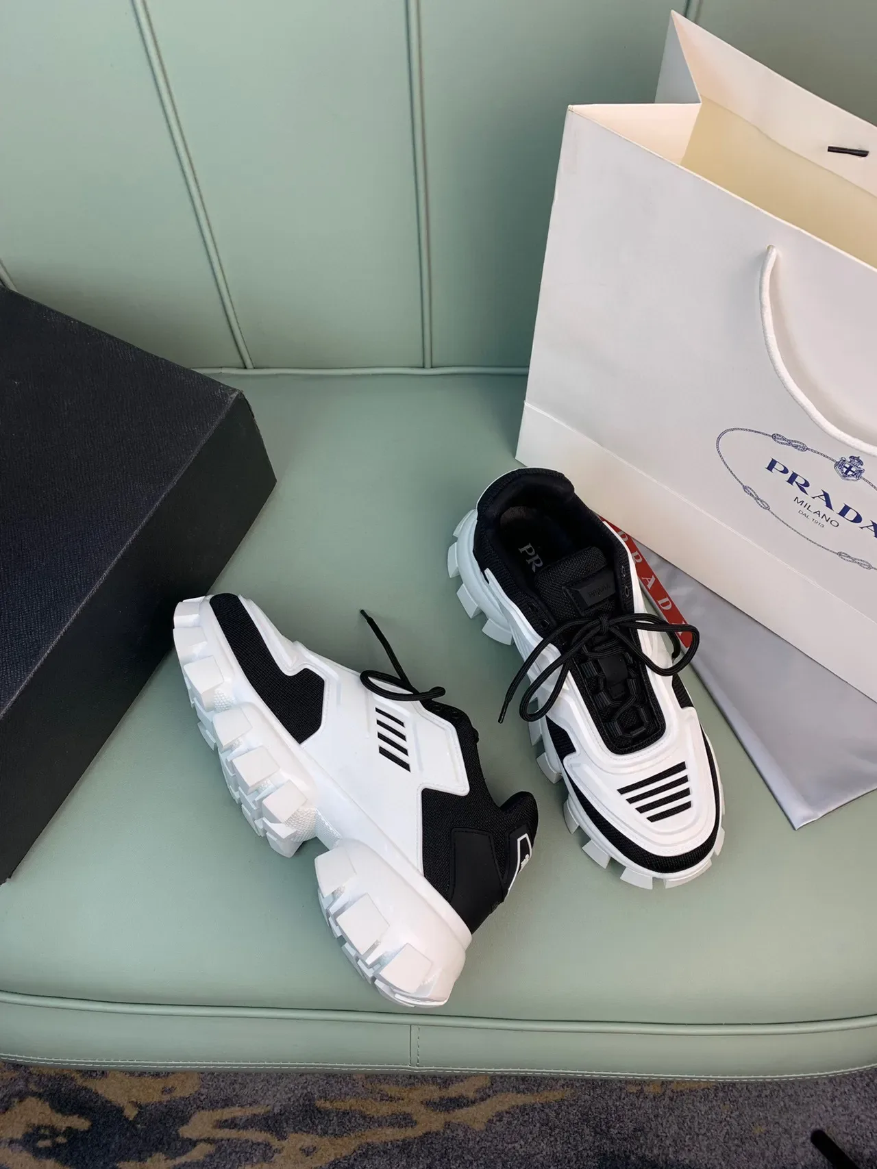 Prada White Black Lug Sole Knit Upper Chunky Sneakers 2