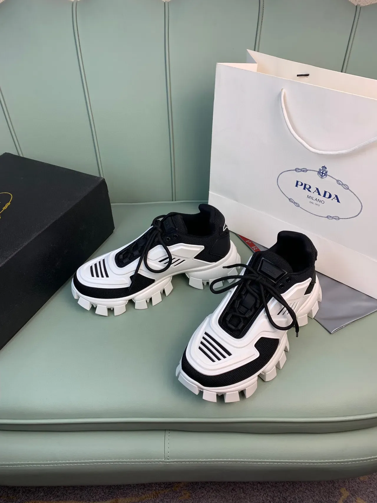 Prada White Black Lug Sole Knit Upper Chunky Sneakers 7