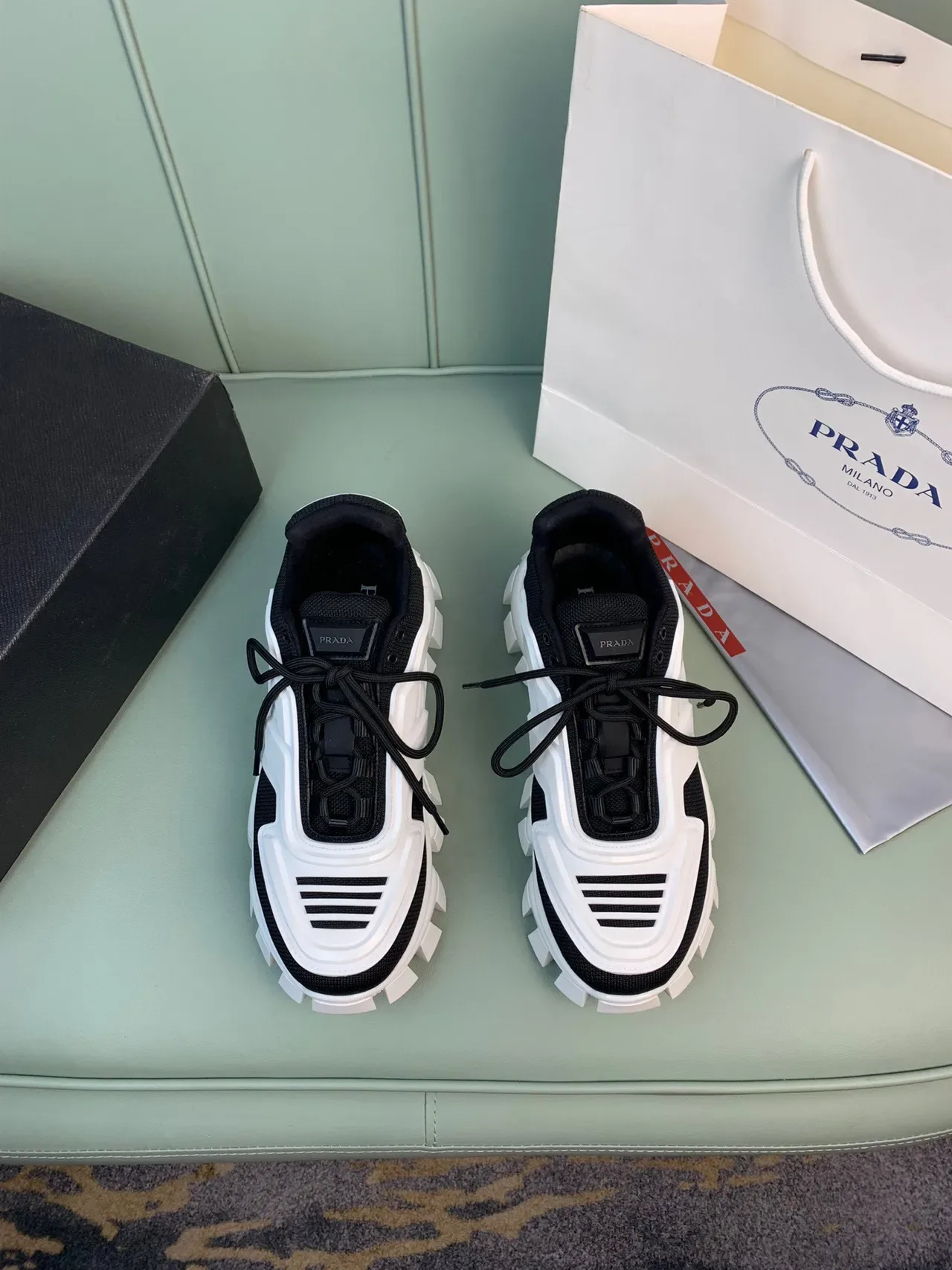 Prada White Black Lug Sole Knit Upper Chunky Sneakers 8