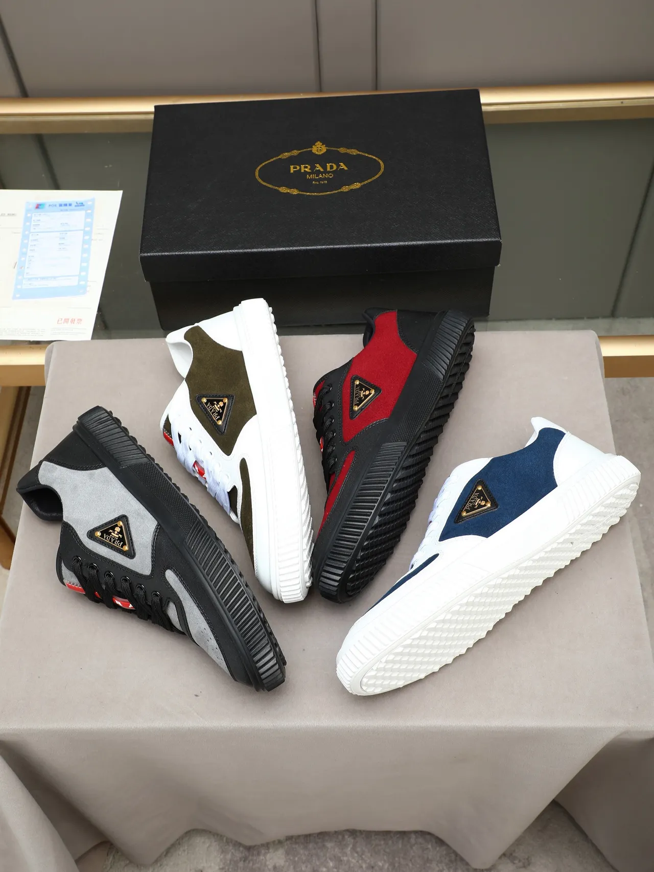 Prada White Navy Low-Top Suede-and-Leather Panelled Lifestyle Sneakers 2