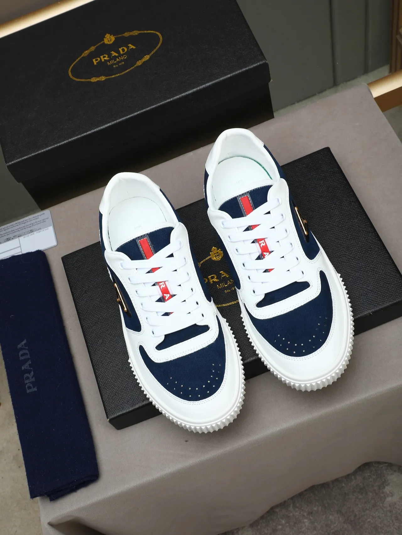 Prada White Navy Low-Top Suede-and-Leather Panelled Lifestyle Sneakers 3