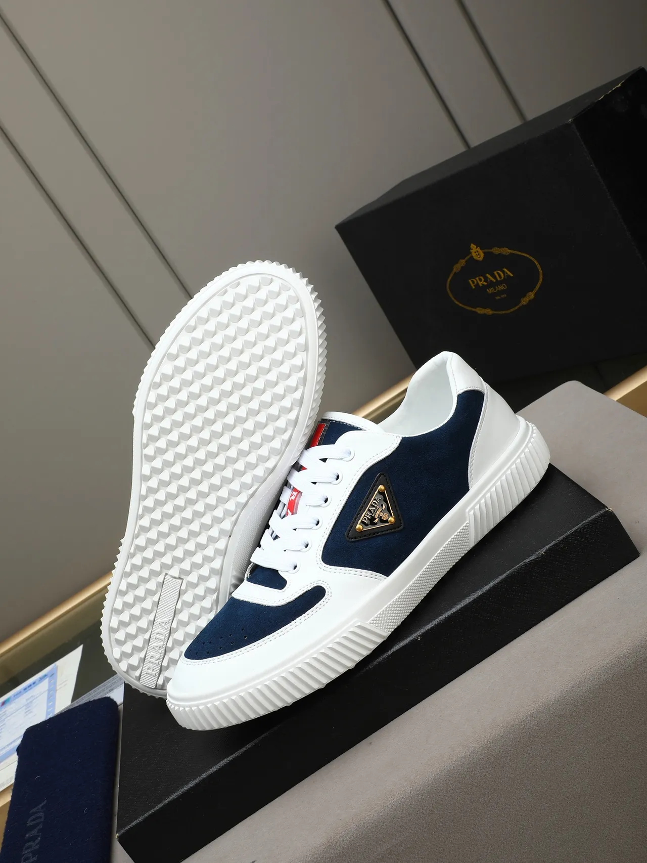 Prada White Navy Low-Top Suede-and-Leather Panelled Lifestyle Sneakers 4