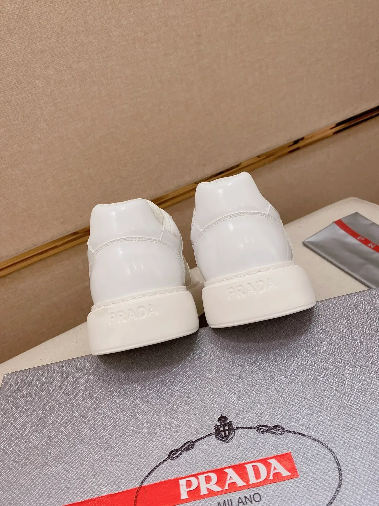 Prada White Red Perforated Mesh Glossy Patent Toe Cap Lifestyle Sneakers 3
