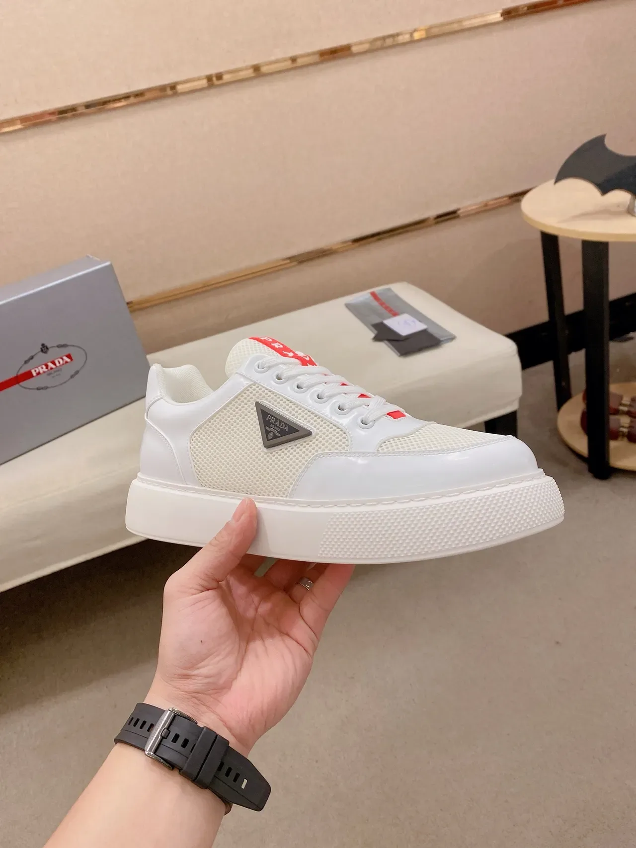 Prada White Red Perforated Mesh Glossy Patent Toe Cap Lifestyle Sneakers 4