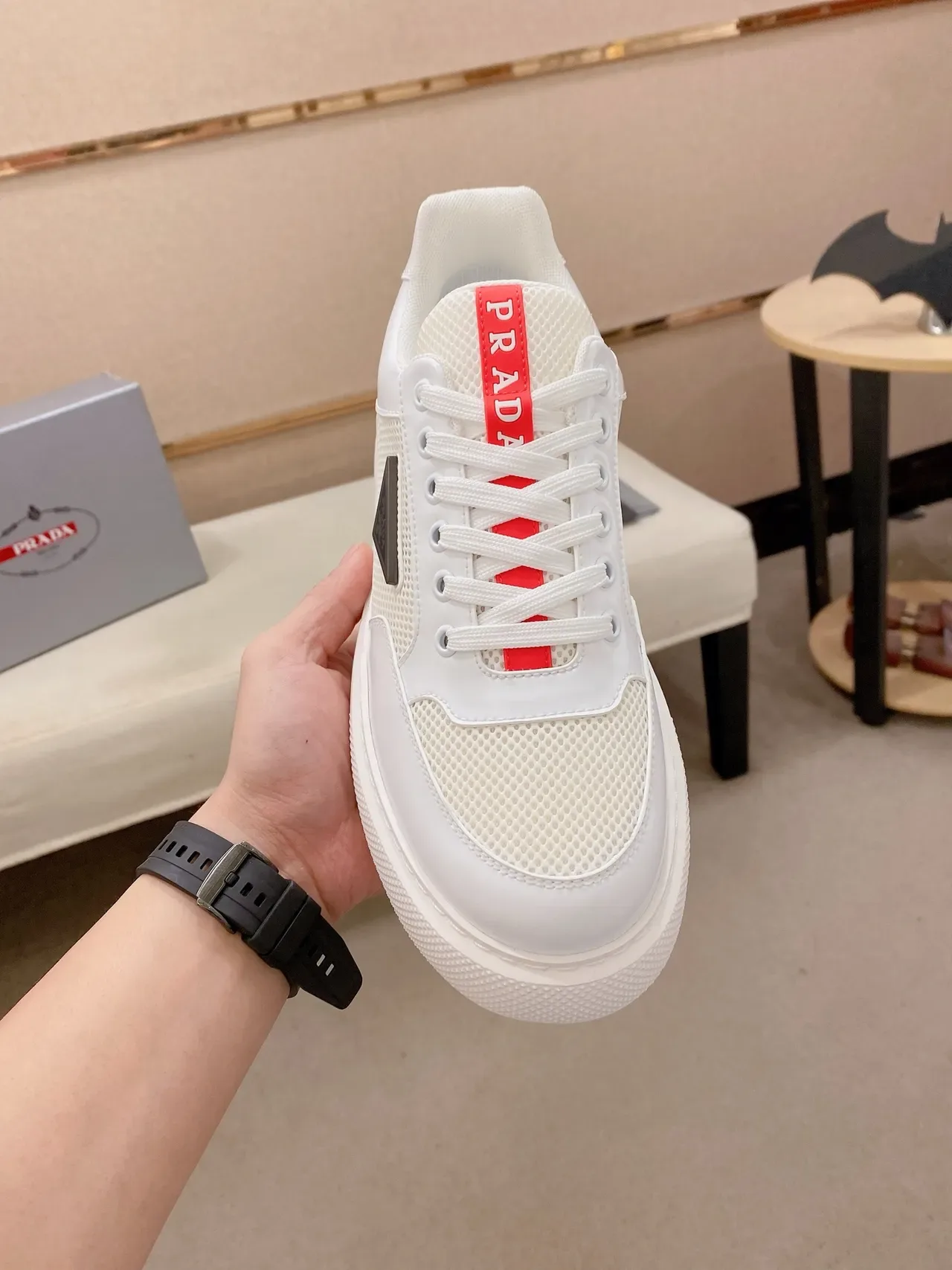Prada White Red Perforated Mesh Glossy Patent Toe Cap Lifestyle Sneakers 5