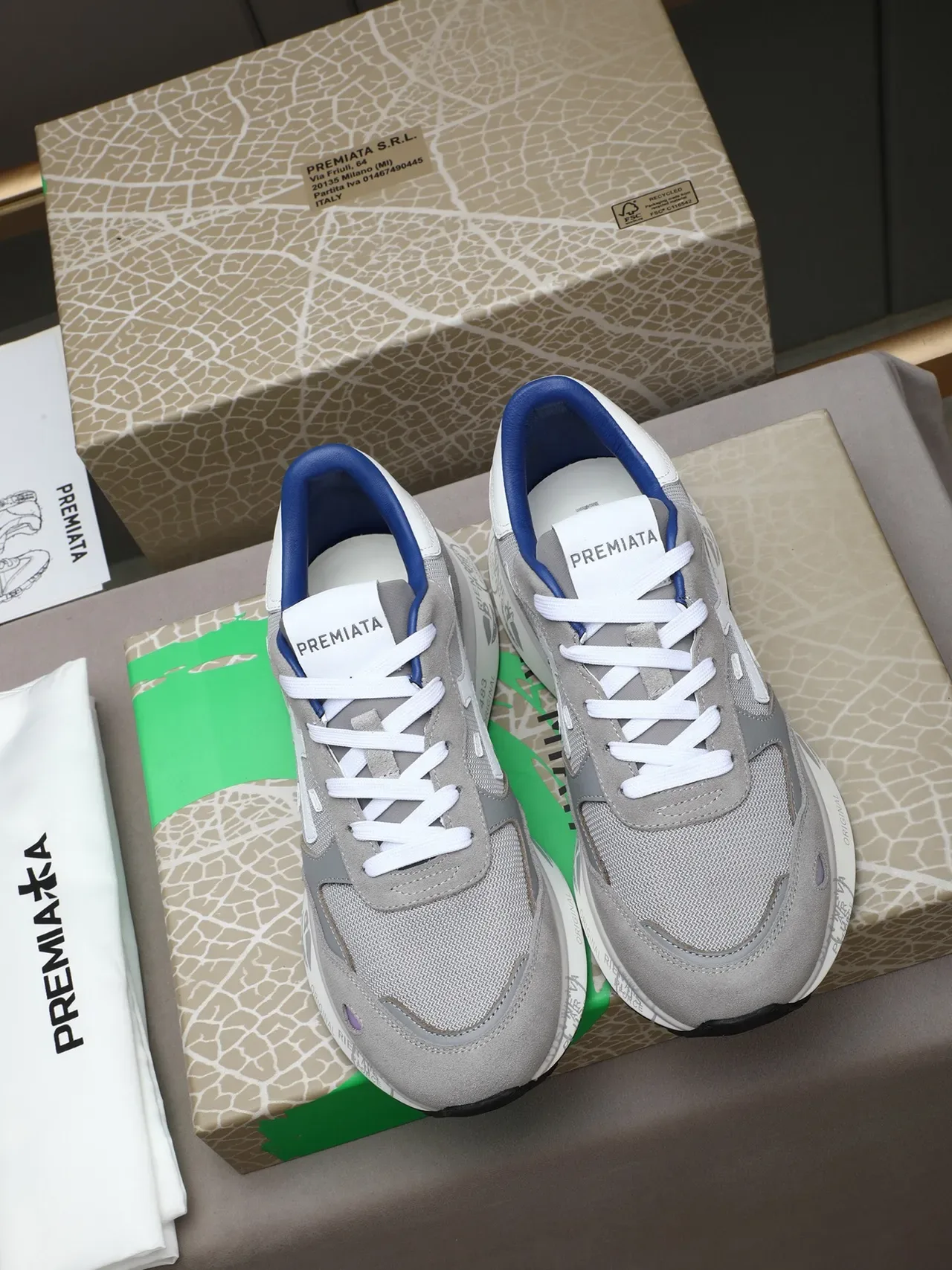 Premiata Gray Blue Mixed-Material Upper X-Logo Side Panel Sneakers 2