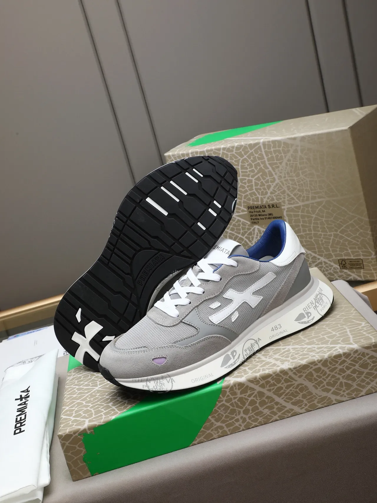 Premiata Gray Blue Mixed-Material Upper X-Logo Side Panel Sneakers 4