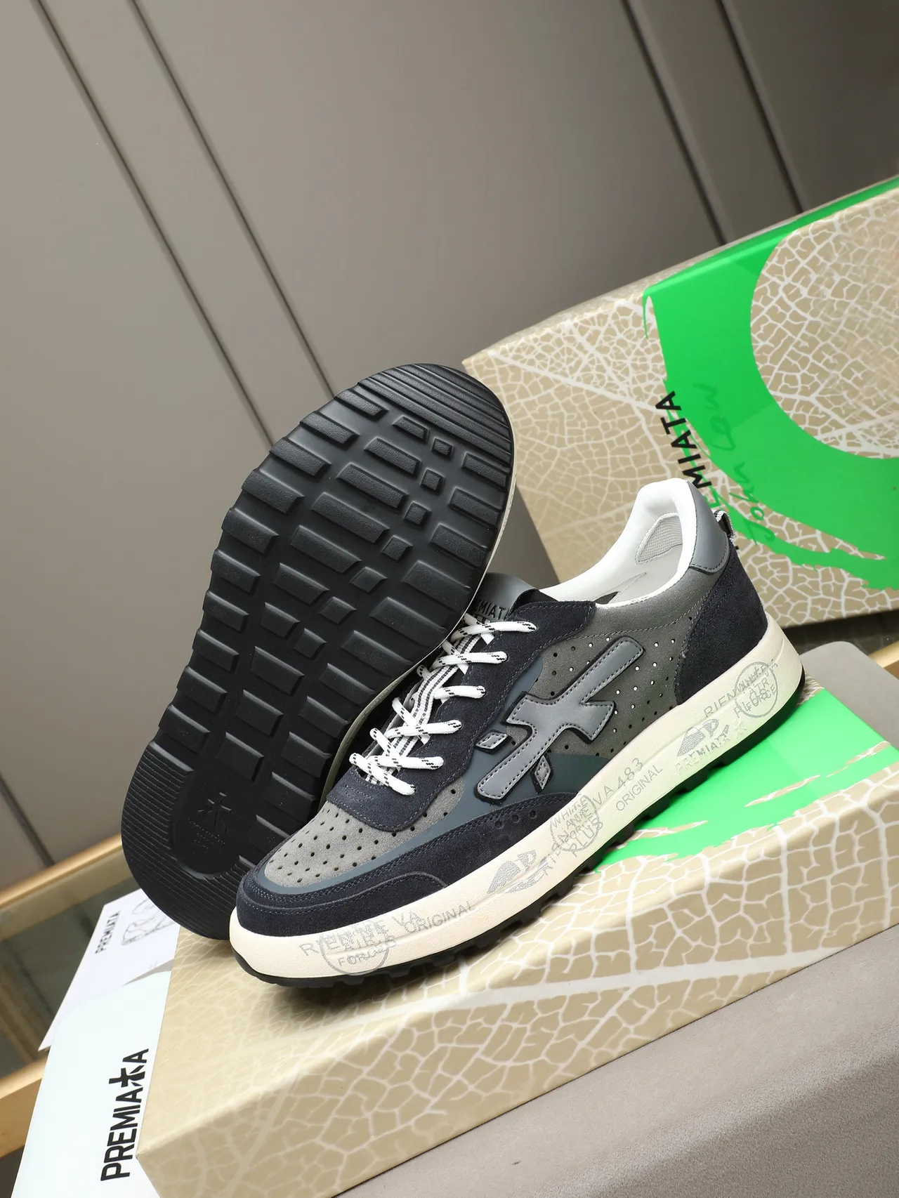 Premiata Gray Navy Perforated Suede Layered Overlays Lifestyle Sneakers 4