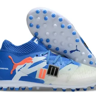 Puma Future Z Blue White Knit Collar Asymmetrical Graphic Overlay Firm-Ground Soccer Shoes