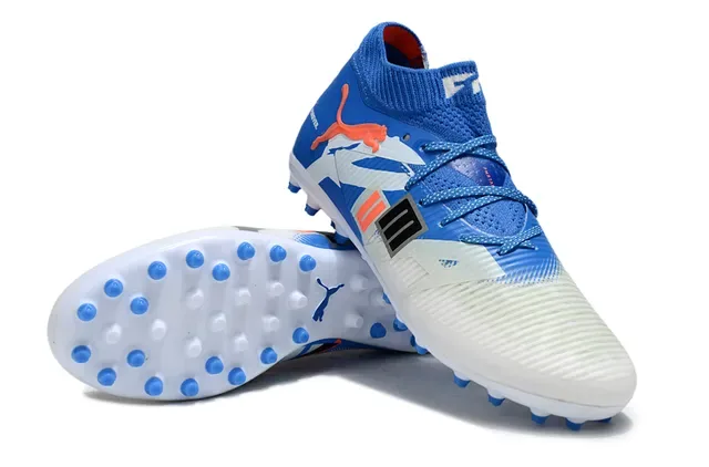 Puma Future Z Blue White Knit Collar Asymmetrical Graphic Overlay Firm-Ground Soccer Shoes 4