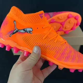 Puma Orange Pink High-Cut Knit Sock Collar Ribbed Synthetic Midfoot Cage Firm-Ground Soccer Shoes