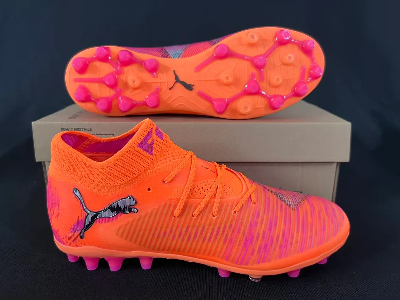Puma برتقالي وردي عالي القطع كولار جورب نسيج مخطط صناعي وسط القدم قفص أرضية صلبة أحذية كرة القدم 6
