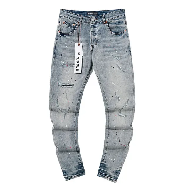 Purple Brand Distressed Paint-Splatter Light-Wash Slim-Fit Jeans 2