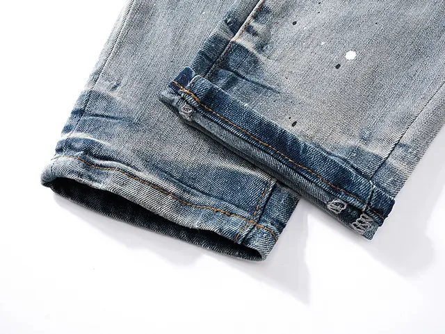 Purple Brand Distressed Paint-Splatter Light-Wash Slim-Fit Jeans 8