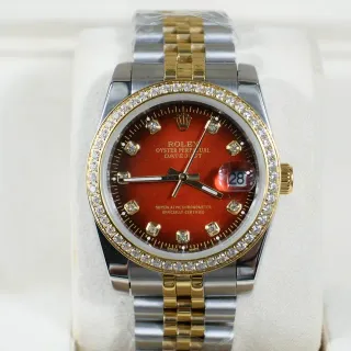 Rolex Datejust Two-Tone Stainless Steel and Gold Diamond Bezel Red Dial Mechanical Watch