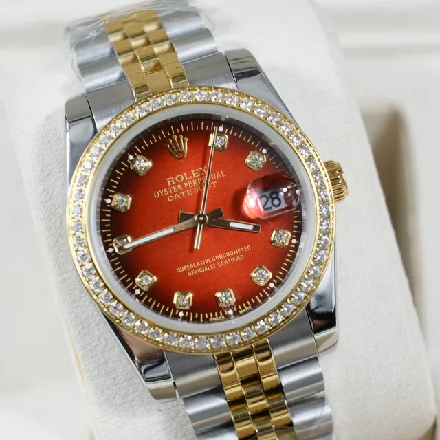 Rolex Datejust Two-Tone Stainless Steel and Gold Diamond Bezel Red Dial Mechanical Watch 4