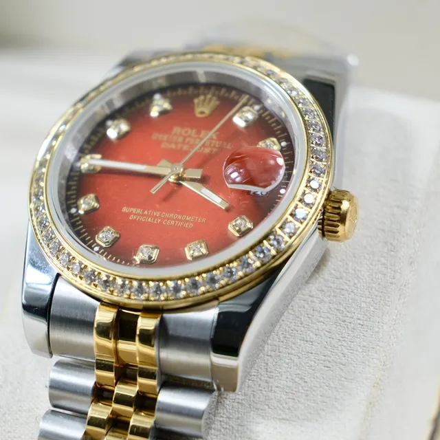 Rolex Datejust Two-Tone Stainless Steel and Gold Diamond Bezel Red Dial Mechanical Watch 6
